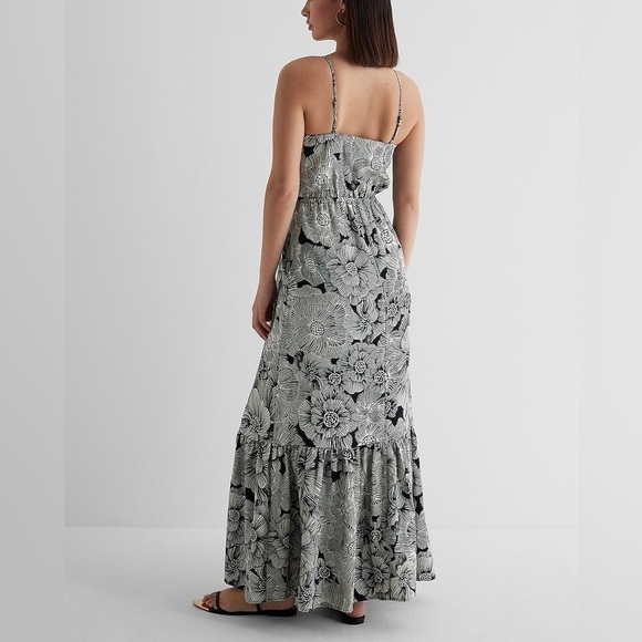 EXPRESS Black White Monochrome Floral Print Wrap Front Maxi Dress - Picture 3 of 14